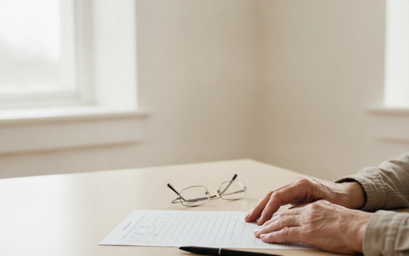 An itemised price list on a desk beside reading glasses and a calculator
