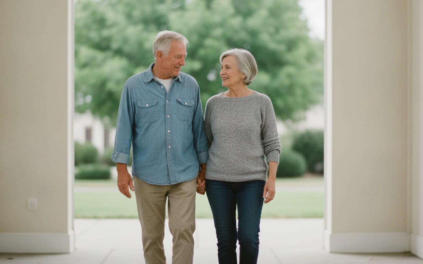 An older couple walking together on a tree lined street in afternoon light