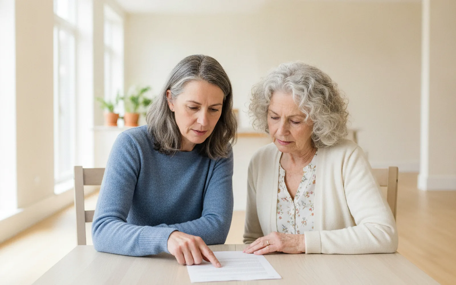 An adult daughter and her mother reading documents together on a sofa