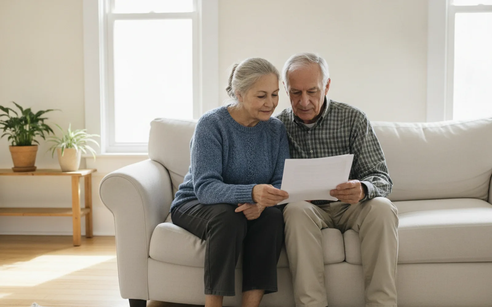 A couple in their sixties reading documents together at home
