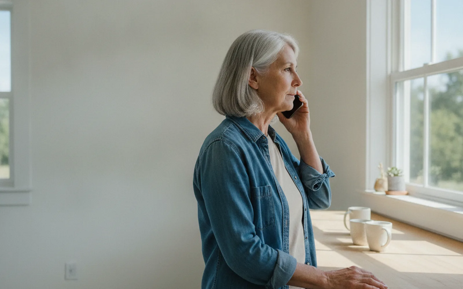 A woman in her late sixties talking on the phone at home