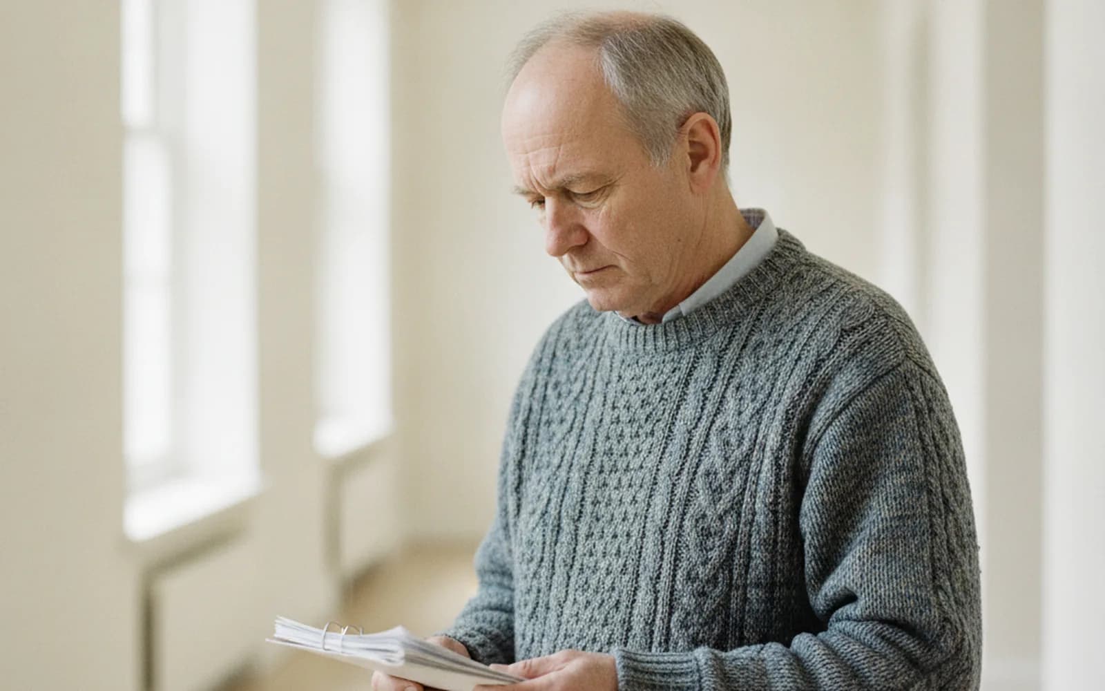 An older man holding insurance documents at a desk